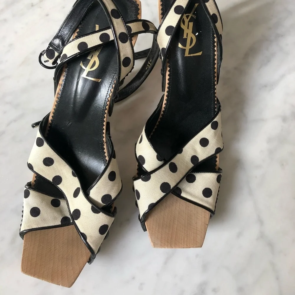 Yves Saint Laurent Black and Cream Polka Dot Slingback Heels